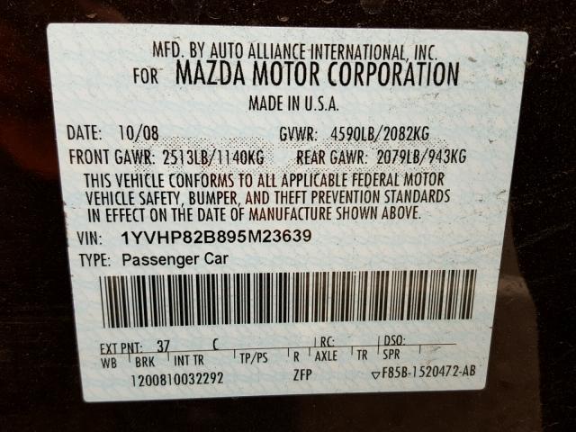 1YVHP82B895M23639 - 2009 MAZDA 6 PURPLE photo 10