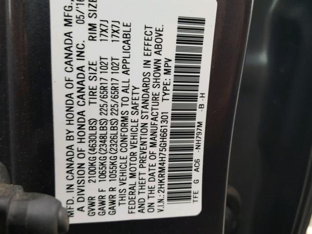 2HKRM4H75GH661301 - 2016 HONDA CR-V EXL GRAY photo 10