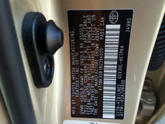 4T1BK3DB1BU394020 - 2011 TOYOTA AVALON BAS TAN photo 10