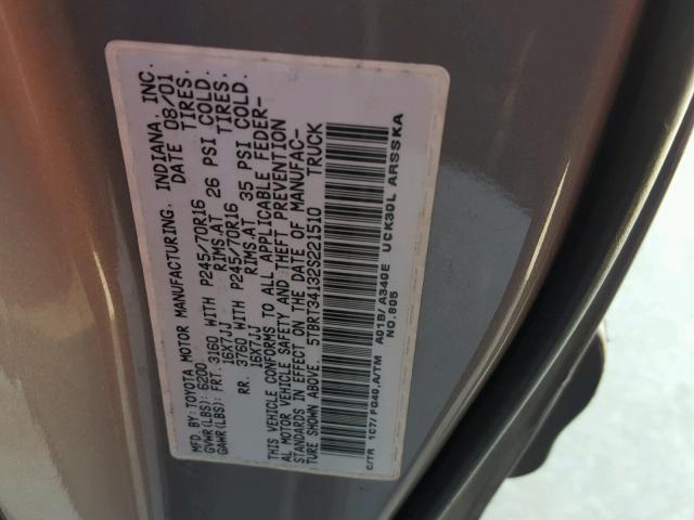 5TBRT34132S221510 - 2002 TOYOTA TUNDRA ACC GRAY photo 10