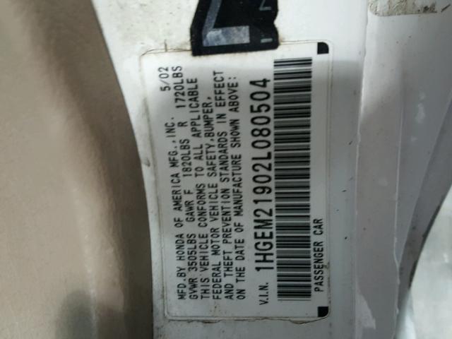 1HGEM21902L080504 - 2002 HONDA CIVIC EX Ağ foto 10