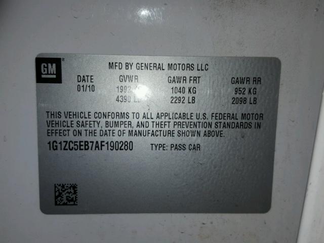 1G1ZC5EB7AF190280 - 2010 CHEVROLET MALIBU 1LT 白色 照片 10