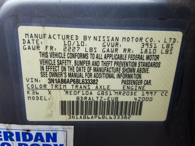 3N1AB6AP6BL633382 - 2011 NISSAN SENTRA 2.0 GRAY photo 10