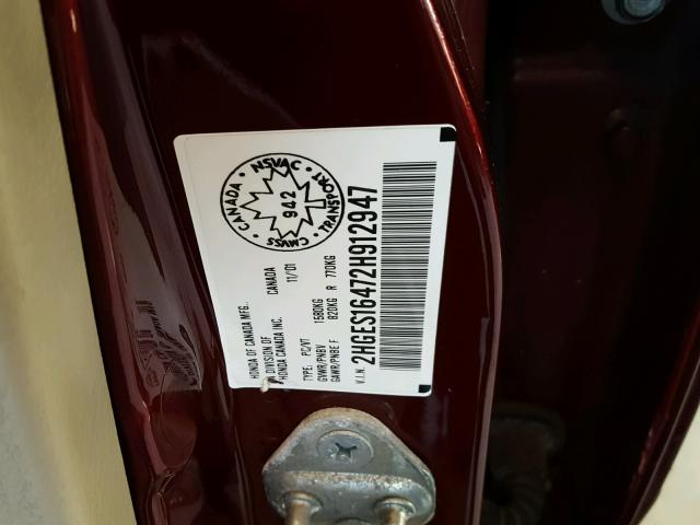 2HGES16472H912947 - 2002 HONDA CIVIC DX BURGUNDY photo 10