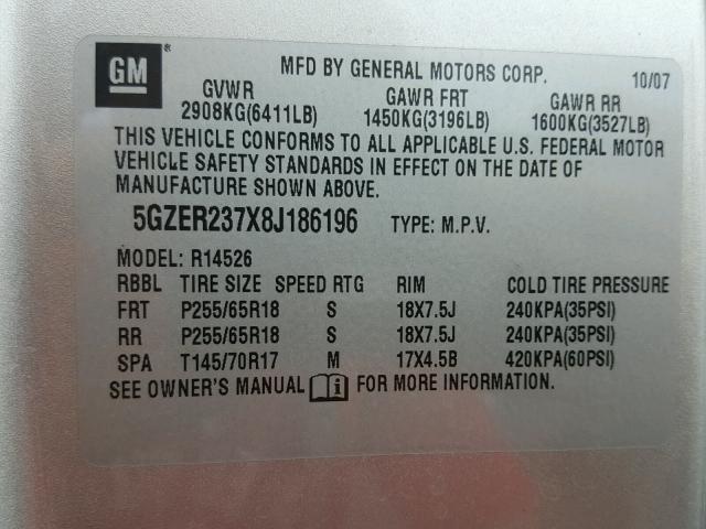 5GZER237X8J186196 - 2008 SATURN OUTLOOK XR ვერცხლისფერი ფოტო 10