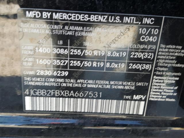 4JGBB2FBXBA667531 - 2011 MERCEDES-BENZ ML 350 BLU BLACK photo 10