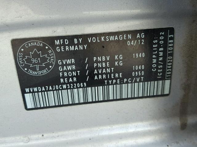 WVWDA7AJ0CW322069 - 2012 VOLKSWAGEN GOLF SILVER photo 10