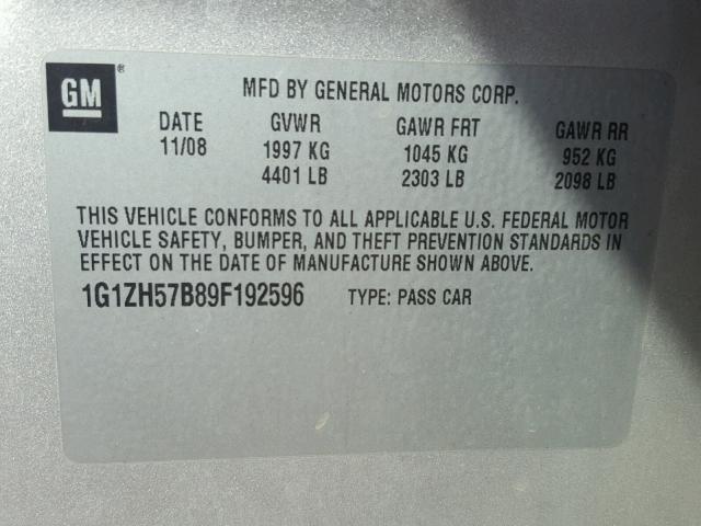 1G1ZH57B89F192596 - 2009 CHEVROLET MALIBU 1LT SILVER photo 10