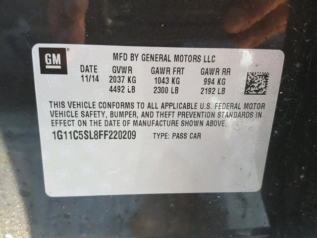 1G11C5SL8FF220209 - 2015 CHEVROLET MALIBU 1LT CHARCOAL photo 10