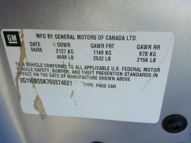 2G1WB55K769374821 - 2006 CHEVROLET IMPALA GRAY photo 10