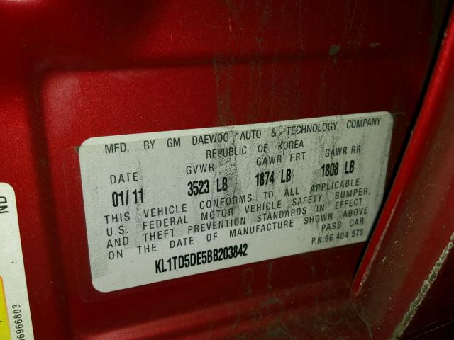 KL1TD5DE5BB203842 - 2011 CHEVROLET AVEO LS RED photo 10