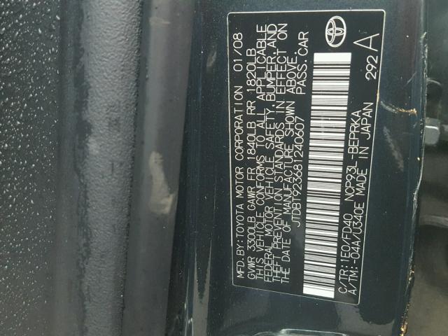 JTDBT923681240607 - 2008 TOYOTA YARIS BLACK photo 10