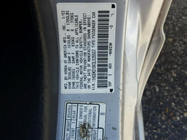 1HGEM219X3L035507 - 2003 HONDA CIVIC EX ვერცხლისფერი ფოტო 10