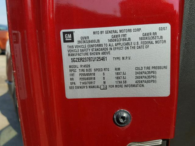 5GZER23787J125461 - 2007 SATURN OUTLOOK XR წითელი ფოტო 10