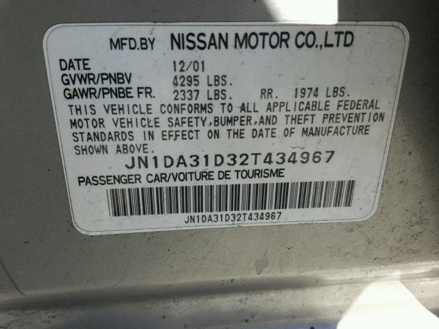 JN1DA31D32T434967 - 2002 NISSAN MAXIMA GLE SILVER photo 10