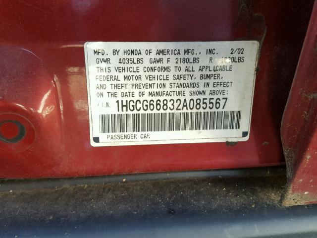 1HGCG66832A085567 - 2002 HONDA ACCORD EX RED photo 10