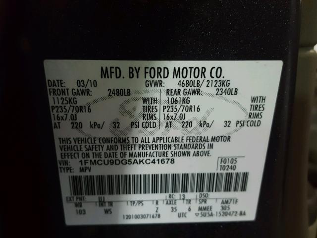 1FMCU9DG5AKC41678 - 2010 FORD ESCAPE XLT GRAY photo 10