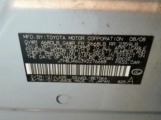 JTHBJ46G392276688 - 2009 LEXUS ES 350 SILVER photo 10