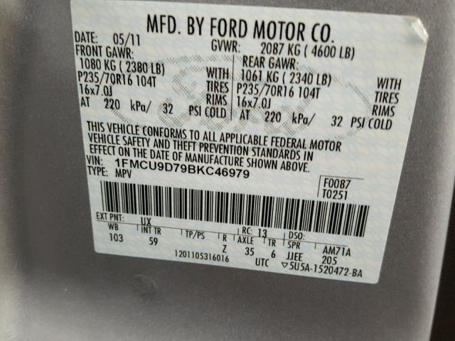 1FMCU9D79BKC46979 - 2011 FORD ESCAPE XLT SILVER photo 10