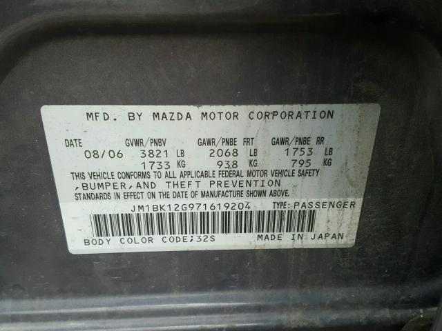 JM1BK12G971619204 - 2007 MAZDA 3 I GRAY photo 10