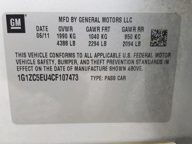 1G1ZC5EU4CF107473 - 2012 CHEVROLET MALIBU 1LT SILVER photo 10