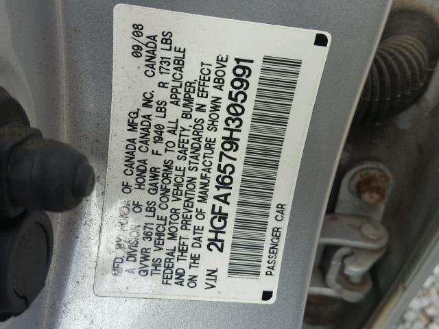 2HGFA16579H305991 - 2009 HONDA CIVIC LX SILVER photo 10