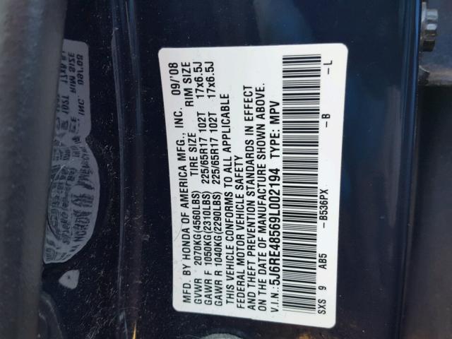 5J6RE48569L002194 - 2009 HONDA CR-V EX ლურჯი ფოტო 10