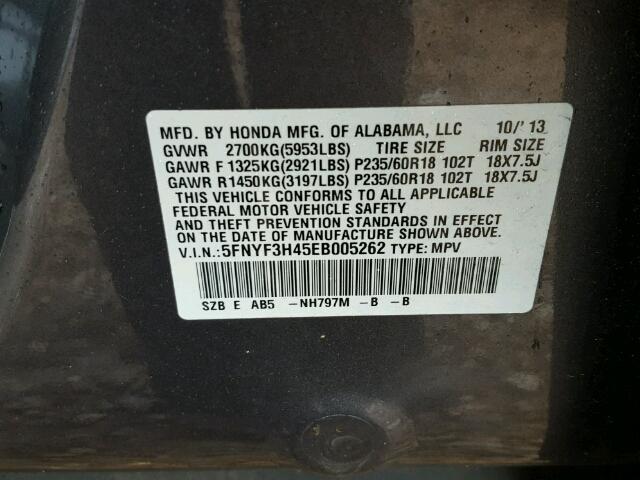 5FNYF3H45EB005262 - 2014 HONDA PILOT EX GRAY photo 10