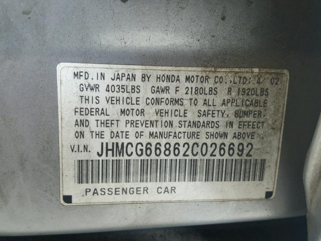 JHMCG66862C026692 - 2002 HONDA ACCORD EX SILVER photo 10