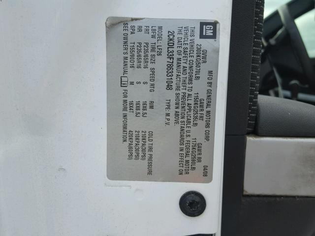 2CKDL33F786331048 - 2008 PONTIAC TORRENT WHITE photo 10