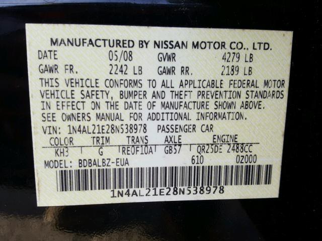 1N4AL21E28N538978 - 2008 NISSAN ALTIMA 2.5 BLACK photo 10