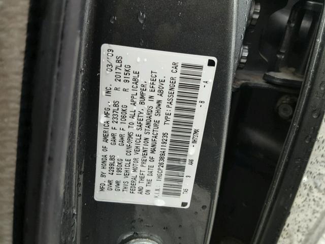 1HGCP26389A119235 - 2009 HONDA ACCORD LX GRAY photo 10