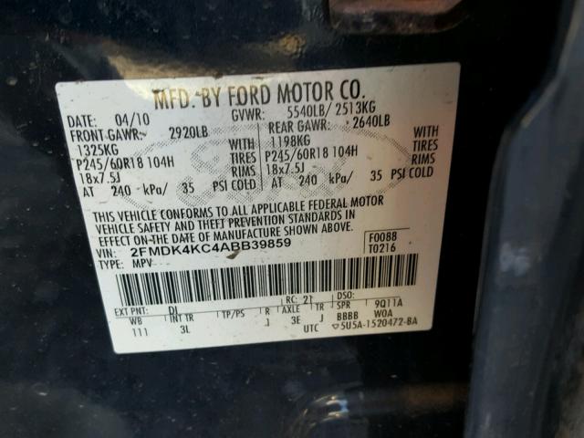 2FMDK4KC4ABB39859 - 2010 FORD EDGE LIMIT BLACK photo 10