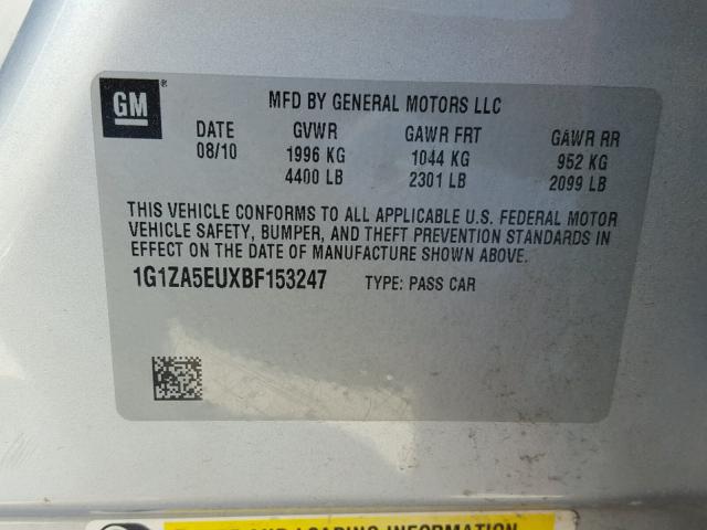 1G1ZA5EUXBF153247 - 2011 CHEVROLET MALIBU LS ვერცხლისფერი ფოტო 10