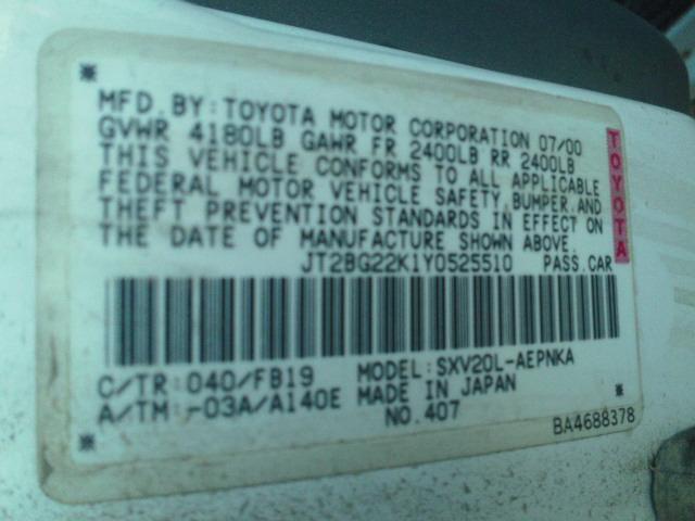 JT2BG22K1Y0525510 - 2000 TOYOTA CAMRY CE WHITE photo 10