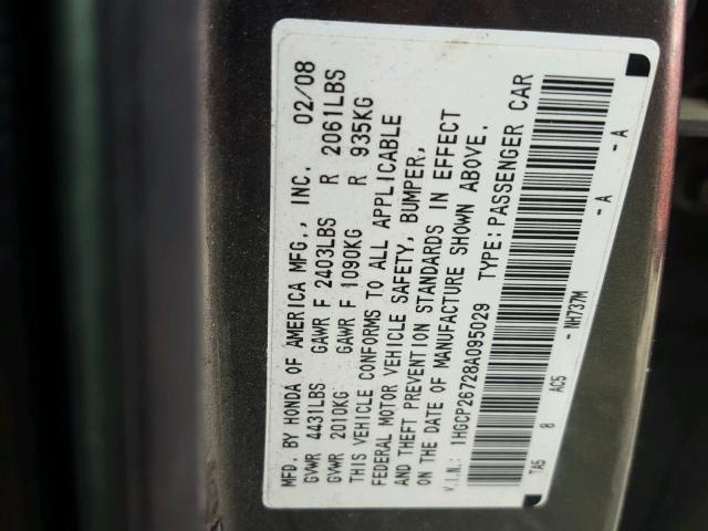 1HGCP26728A095029 - 2008 HONDA ACCORD EX GRAY photo 10