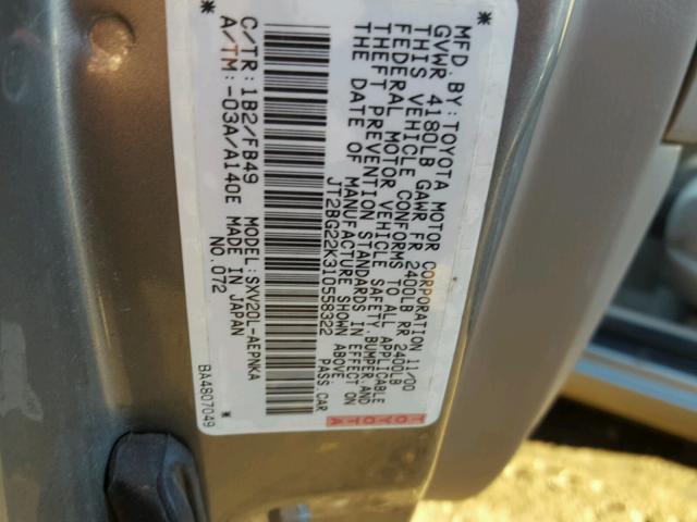 JT2BG22K310558322 - 2001 TOYOTA CAMRY LE GOLD photo 10