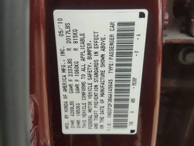 1HGCP2F38AA145645 - 2010 HONDA ACCORD LX BURGUNDY photo 10