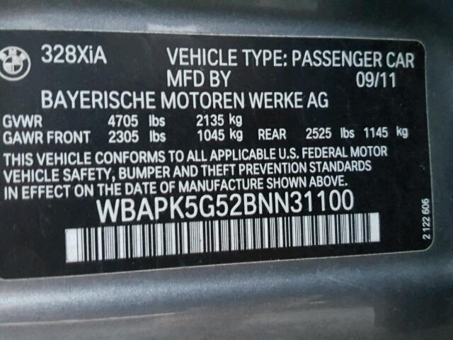 WBAPK5G52BNN31100 - 2011 BMW 328 XI SUL GRAY photo 10