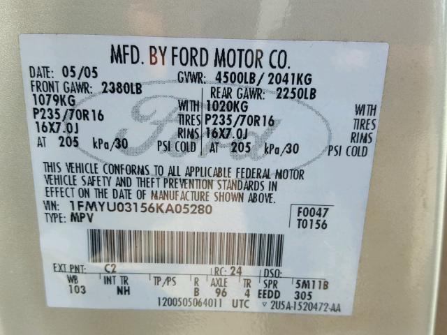 1FMYU03156KA05280 - 2006 FORD ESCAPE XLT TAN photo 10