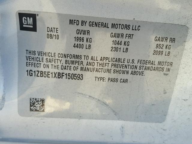1G1ZB5E1XBF150593 - 2011 CHEVROLET MALIBU LS SILVER photo 10