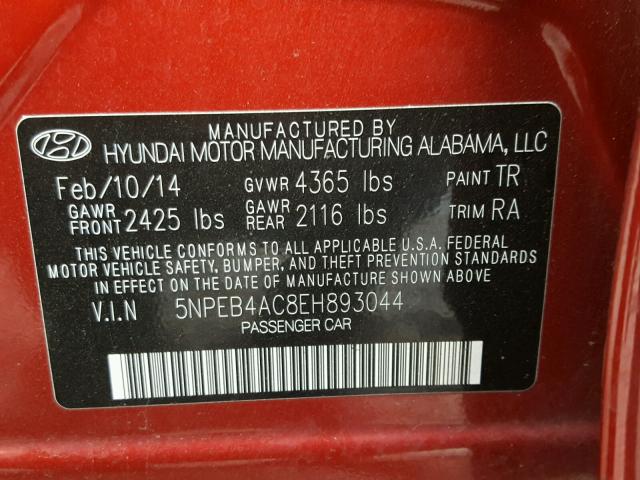 5NPEB4AC8EH893044 - 2014 HYUNDAI SONATA GLS BURGUNDY photo 10