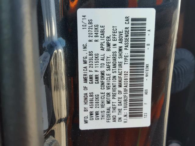 19UUB2F59FA008192 - 2015 ACURA TLX TECH შავი ფოტო 10