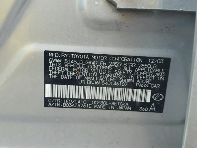 JTHBN36F840146187 - 2004 LEXUS LS 430 SILVER photo 10