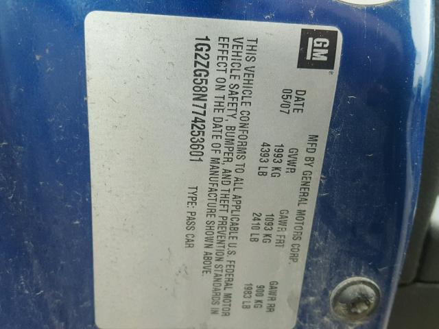 1G2ZG58N774253601 - 2007 PONTIAC G6 BASE BLUE photo 10