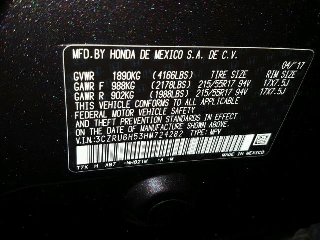 3CZRU6H53HM724282 - 2017 HONDA HR-V EX PURPLE photo 10