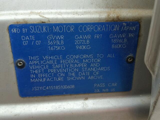 JS2YC415185100608 - 2008 SUZUKI SX4 CONVEN SILVER photo 10