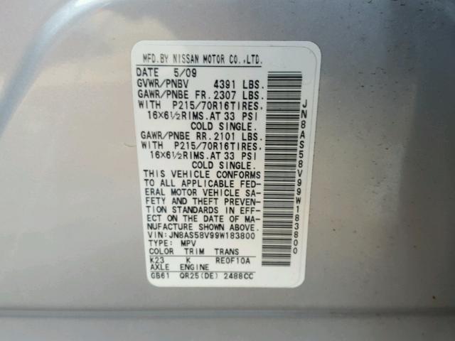 JN8AS58V99W183800 - 2009 NISSAN ROGUE S SILVER photo 10