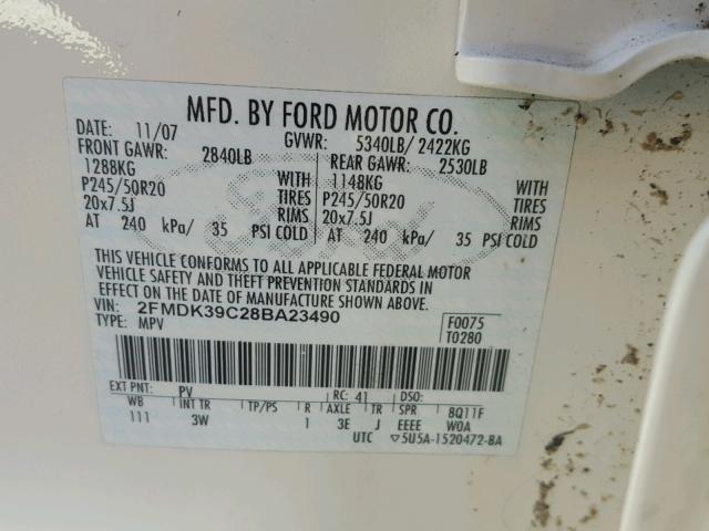 2FMDK39C28BA23490 - 2008 FORD EDGE LIMIT WHITE photo 10