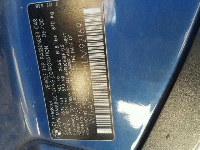 WBACH9349YLM92169 - 2000 BMW Z3 2.3 BLUE photo 10